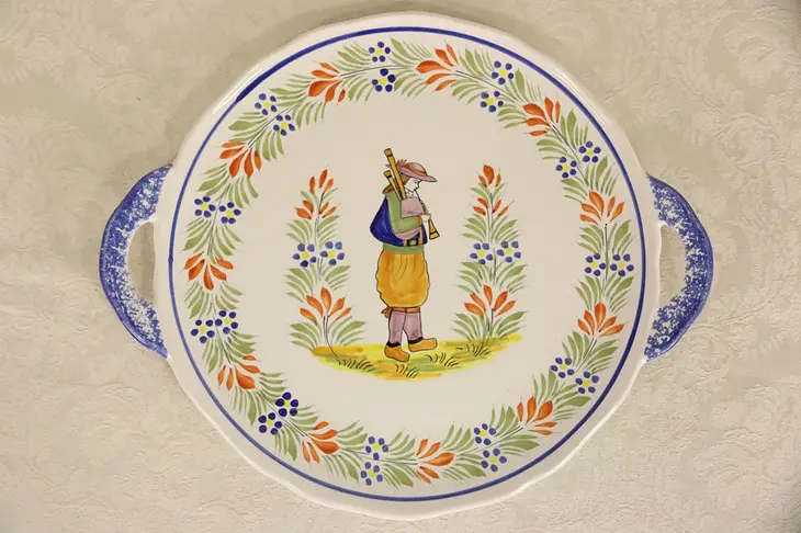 Henriot Quimper Signed Round Tray w/ Handles, Hand Painted Brittany, France
