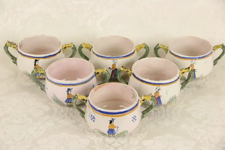 Henriot Quimper Signed Hand Painted Set of 6 Cream Soup Cups, Tradition Pattern
