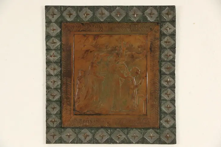 Praying Scene in Tooled Leather, 1900 Antique, Embossed Tin Frame