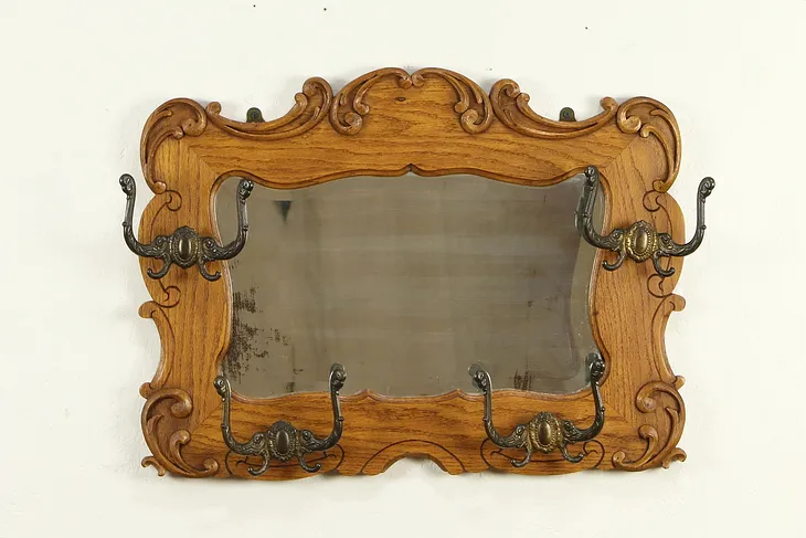 Victorian Antique Oak Hall Mirror, Coat & Hat Hooks #31970