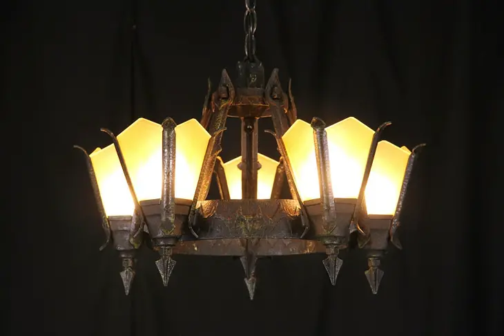 Tudor 1925 Wrought Iron Chandelier, 5 Original Stained Glass Shades