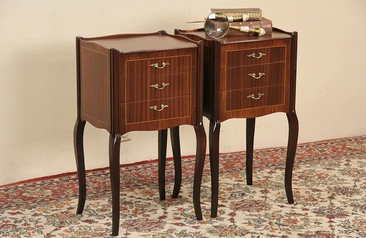 Pair French Rosewood & Ribbon Mahogany 1950 Vintage Nightstands or End Tables