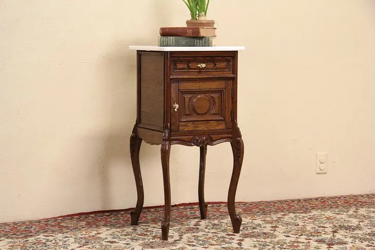 Country French Carved Oak 1900 Antique Nightstand, Marble Top
