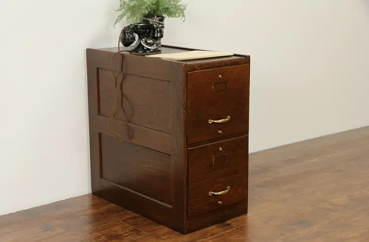 Oak 2 Drawer 1920 Antique File Cabinet, Paneled Sides