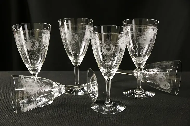 Heisey Pied Piper 1927 Etched Glass Set of 6 Footed Goblets