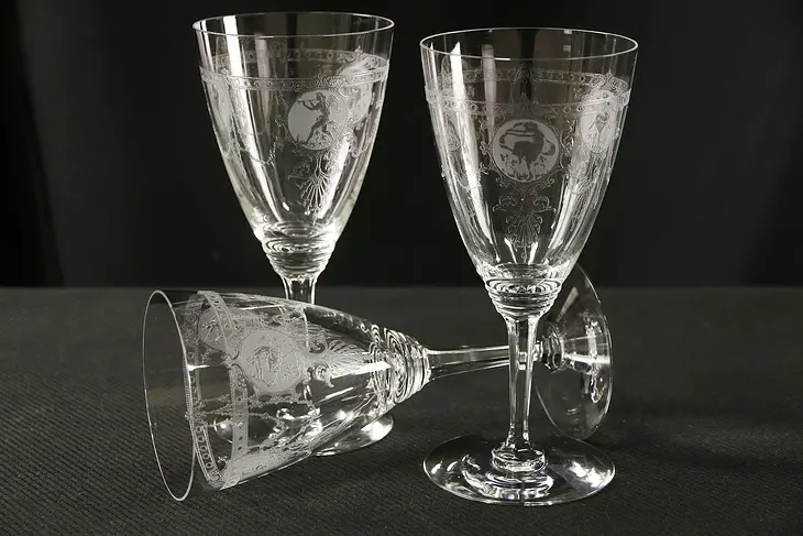 Heisey Pied Piper 1927 Etched Glass Set of 3 Footed Goblets