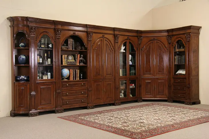 Italian Carved Vintage Bookcase Library, L Shaped, 16' Long