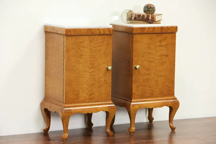 Pair Curly Maple Scandinavian 1910 Antique End Tables or Nightstands, Marble Top