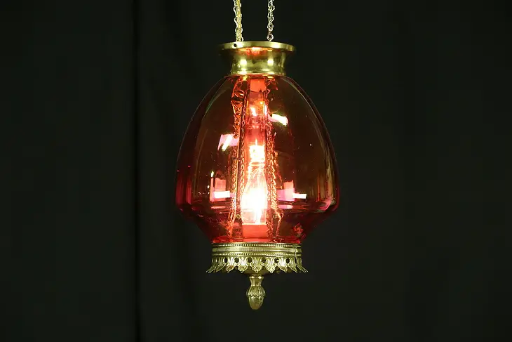 Cranberry Glass 1880 Antique Oil Lamp Hall Light, Electrified