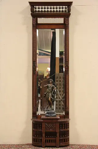 Victorian 1880 Antique Eastlake Pier, Hall or Foyer Mirror, Marble Base