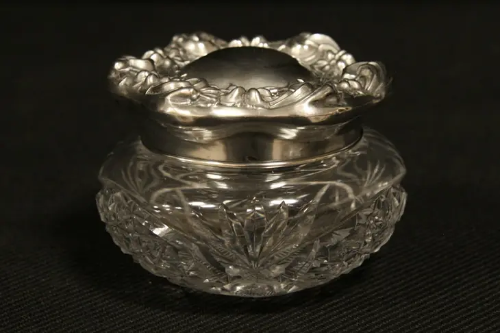 Art Nouveau Antique 1901 Sterling Silver Flowers & Cut Glass Boudoir Jar