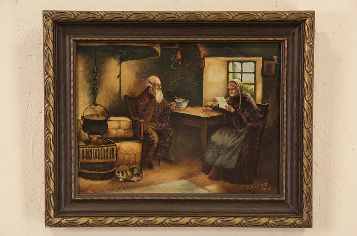 Original Oil Painting of Elderly Couple at a Table, Signed 1927