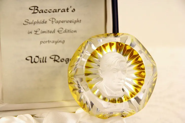 Baccarat Signed Will Rogers Glass Sulphide Paperweight