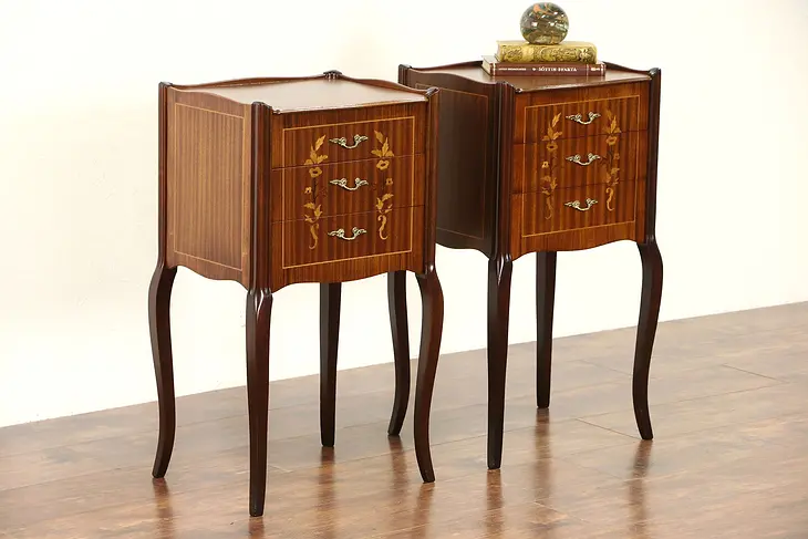 Pair of French 1950's Vintage Mahogany & Marquetry Nightstands