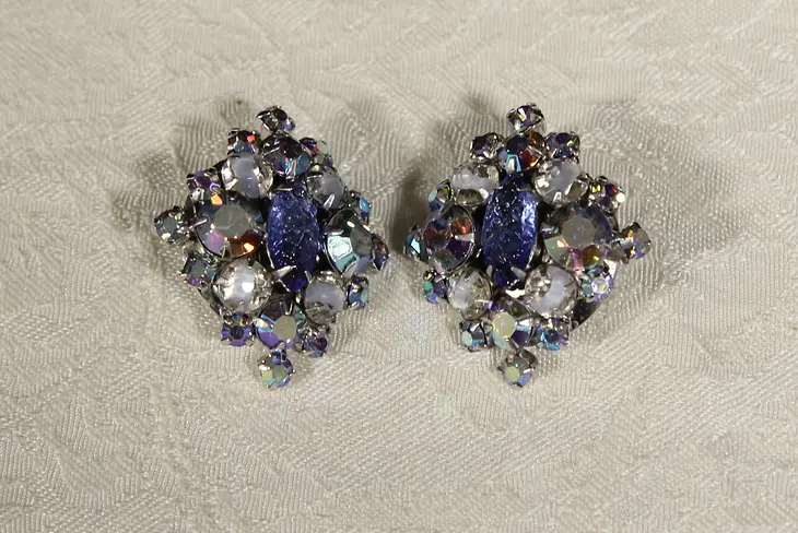 Dazzling Vintage Iridescent and Blue Rhinestone Clip On Earrings, Glamor