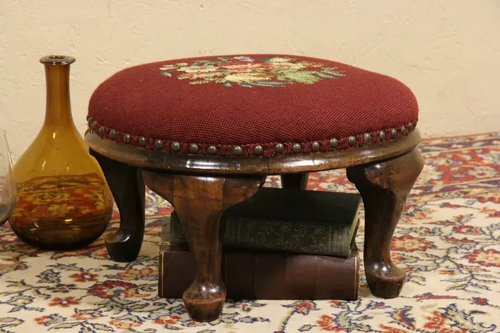Oval Antique 1930 Roses Needlepoint Footstool