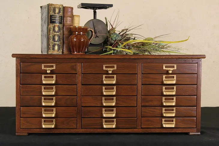 Oak 18 Drawer Counter or Desk Top 1920's File Cabinet