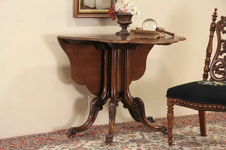 English 1870's Antique Dropleaf Gateleg Burl Tea Table