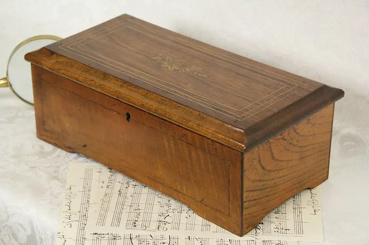 Swiss 1890's Antique Rosewood Music Box, 10 Tunes, Jeweled Movement