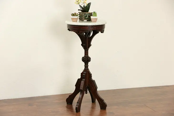 Victorian 1870 Antique Marble Top Walnut & Burl Pedestal Table, Nightstand