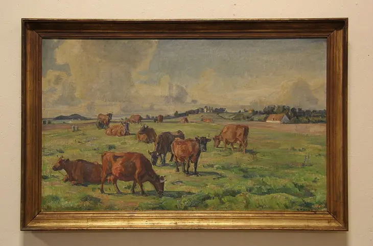 Pasture & Cows, 1924 Original Signed Oil Painting on Canvas