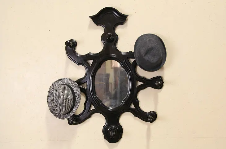Victorian 1870 Antique Hall Mirror, Coat or Hat Hooks