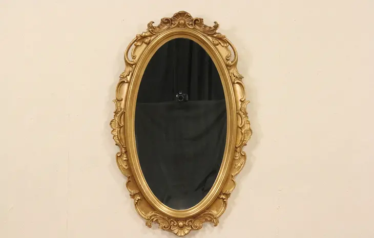 Victorian Antique 1850's Carved Oval Gold Mirror, Shell Motif