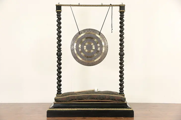 Chinese Bronze Gong in Antique 1900's Stand, Black Lacquer & Brass Mounts
