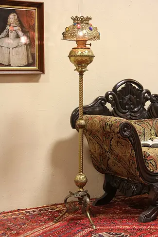 Victorian 1890 Electrified Brass Piano Lamp, Jewels