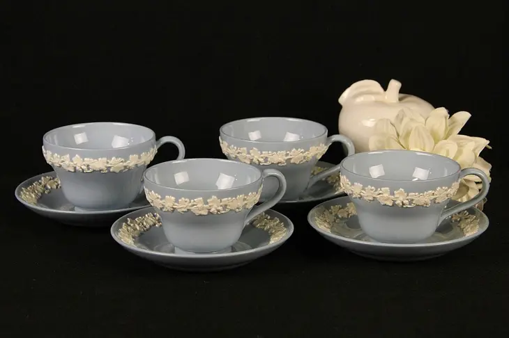 Queensware Wedgwood 3 Cups & Saucers, Blue & White, Extra Saucer and Cracked Cup