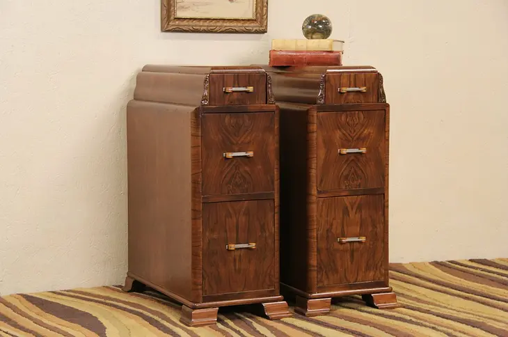 Pair Art Deco 1930's Narrow Nightstands or Bedside Chests