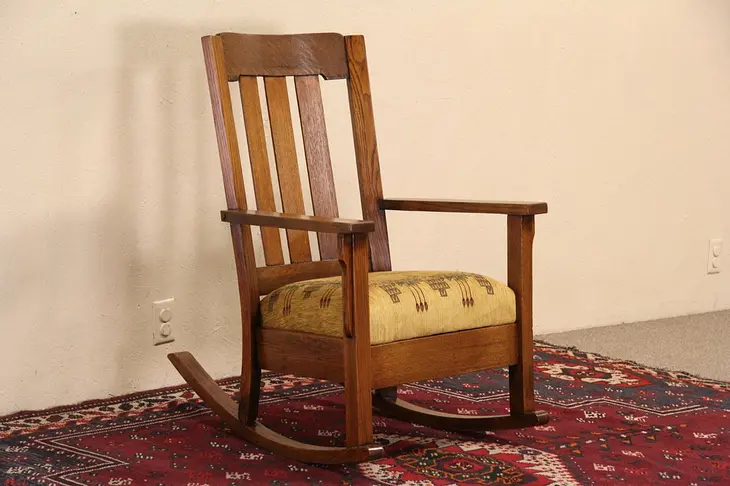 Arts & Crafts Mission Oak Rocker 1905 Antique Rocking Chair, New Upholstery