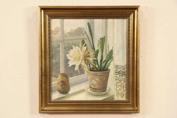 Cactus Flowering on a Window Sill, Danish Oil Painting signed Johansen 1925