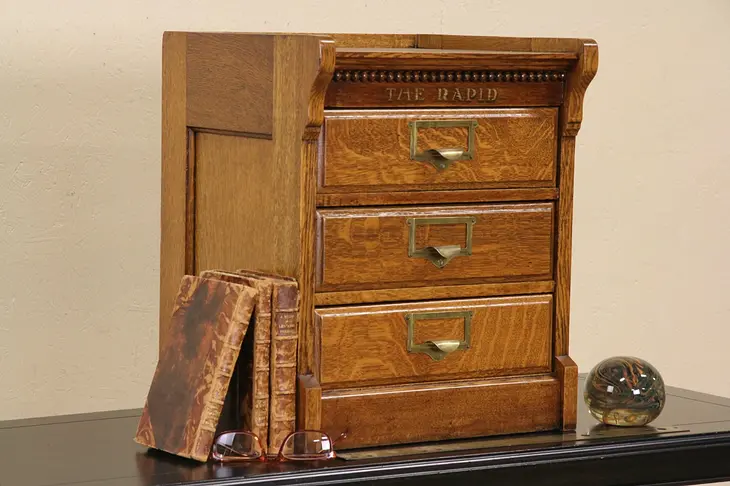 Macey The Rapid Desktop Antique 1900 Oak File Cabinet, Alphabetical Index