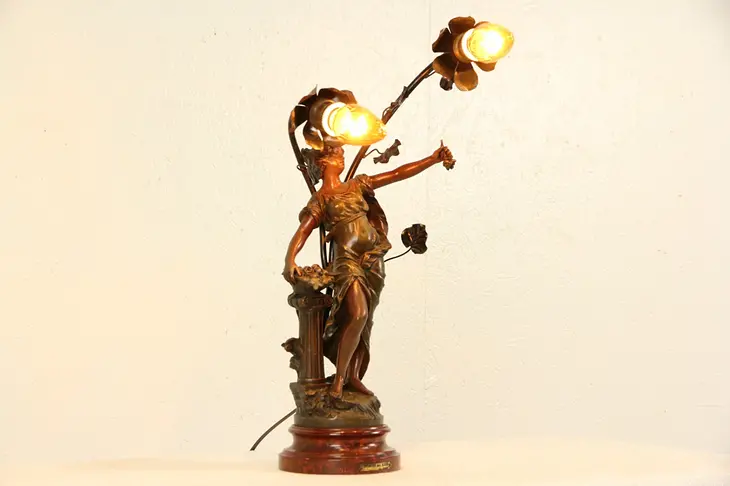 Moreau Signed French 1900 Antique Sculpture Lamp, Nymph & Roses