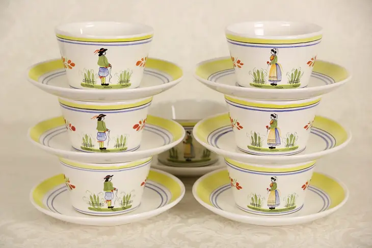 Henriot Quimper Signed Set of 7 Cups & Saucers, Hand Painted Brittany, France