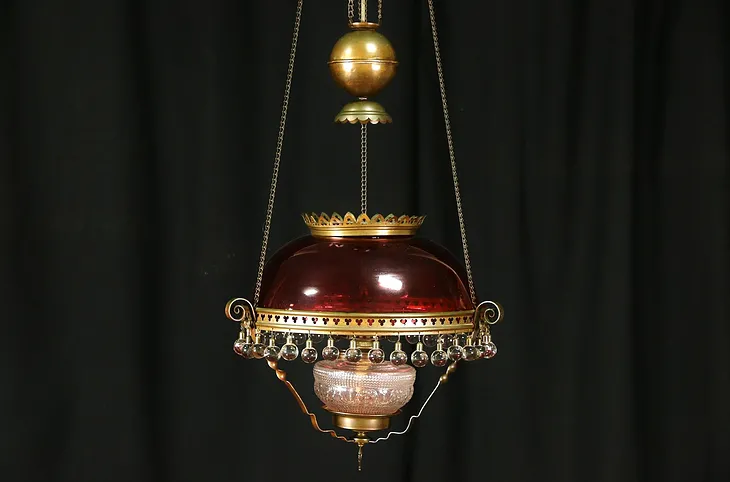 Victorian 1880 Antique Hanging Light Kerosene Lamp, Cranberry Shade, Ball Prisms