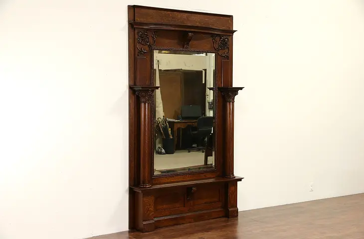 Classical Oak 1900 Hall or Pier Mirror, Columns & Beveled Mirror