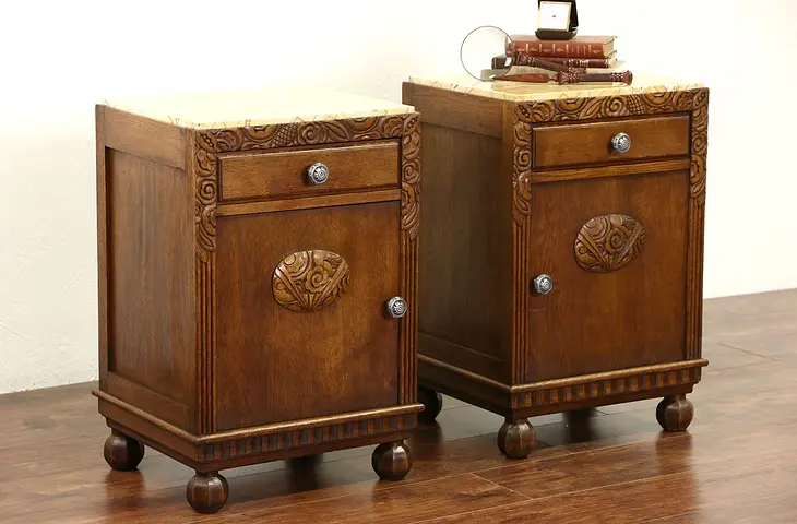 Pair French Art Deco 1930's Carved Oak Nightstands, Marble Tops