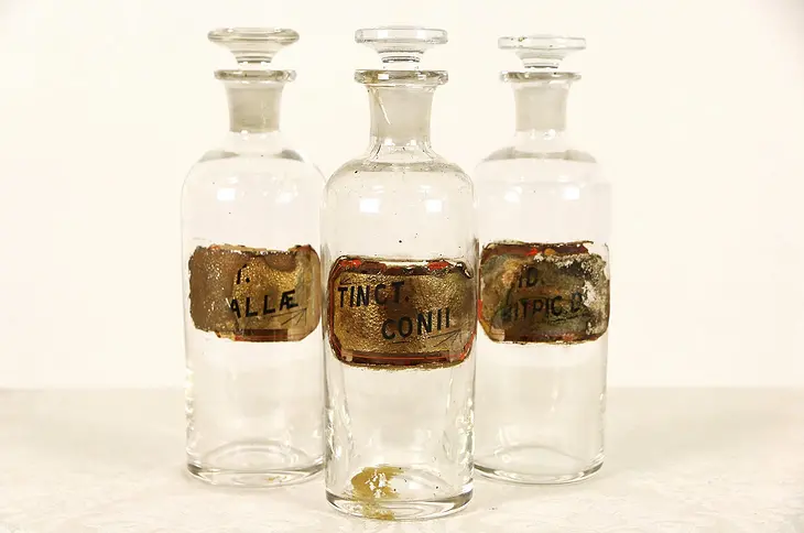 Set of 3 Antique Apothecary Medical Drug Store Jars, Pat. 1884, Gold Labels