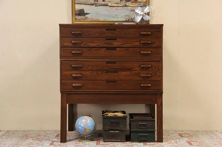 Hamilton 1920's Oak Map Chest, Document or Drawing File Cabinet