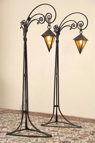 Pair 1920's Wrought Iron Stained Glass Floor Lantern Lamps