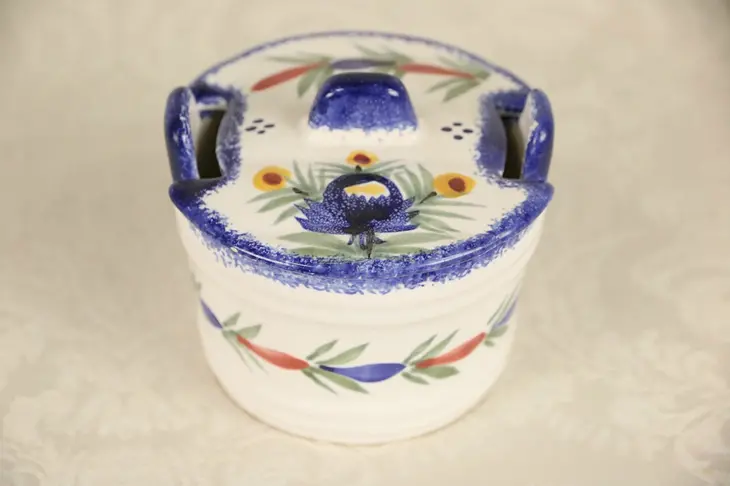 Quimper Signed Covered Butter or Jam Pot, Hand Painted, Brittany, France