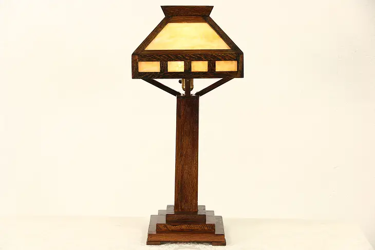 Arts & Crafts Mission Oak 1910 Antique Stained Glass Craftsman Lamp