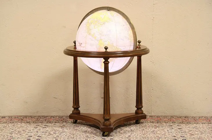 Lighted Vintage Replogle Globe, Cherry Stand