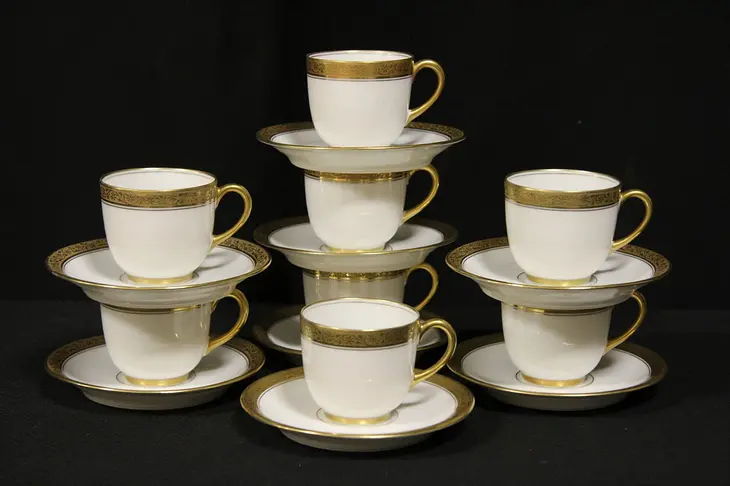 Set of 8 Limoges Gold Band China Espresso Coffee Cups & Saucers