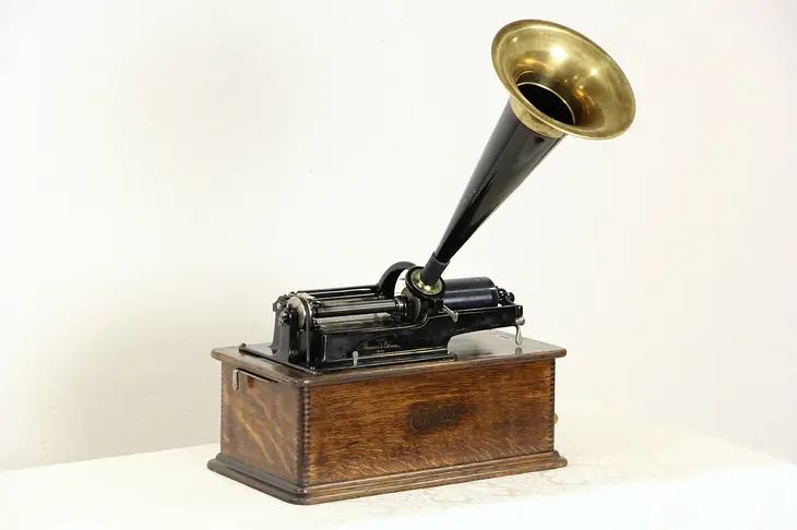Edison Antique Cylinder Oak Phonograph Record Player, Brass Horn