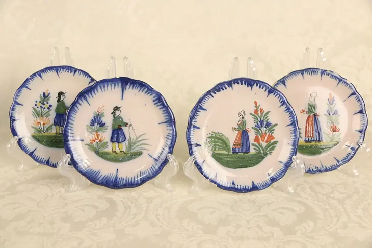 Quimper Signed Set of 4 Tiny Plates or Butter Chips, Hand Painted