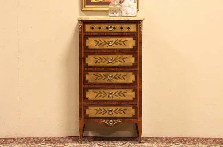 French Marble Top Rosewood Hand Painted 1920 Lingerie Chest
