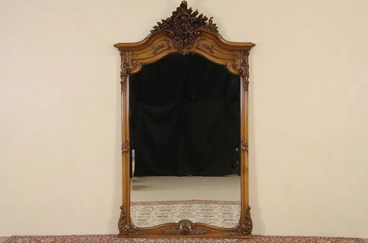 French 1900 Antique Carved Walnut Shaped & Beveled Hall or Mantel Mirror